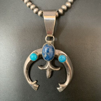 Navajo Sterling Silver Pendant Necklace | Denim Lapis & Turquoise | Authentic Native American Handmade | 13633