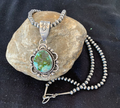 Navajo Green Sonoran Gold Turquoise Pendant | Sterling Silver | Authentic Native American Handmade | 687