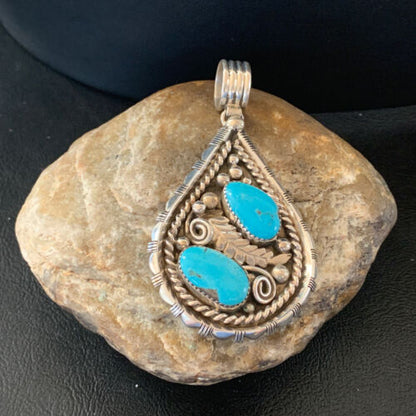 Southwestern Blue Turquoise Cluster Pendant | Authentic Men's Sterling Silver | Multi-Stone | 3" | 02104