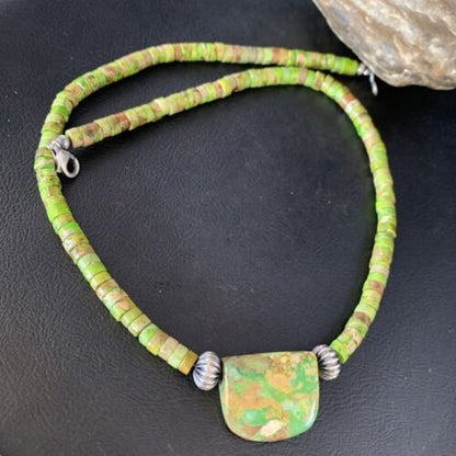 Navajo Green Gaspeite Turquoise Pendant | Sterling Silver | Authentic Native American Handmade | 13945