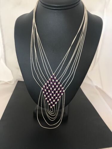 Native American Sugilite Heishi Tubes Necklace | 7 Strand Liquid Sterling Silver | 8560