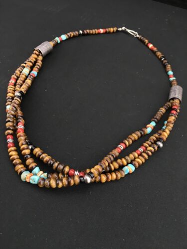 Navajo Multi-Color 3 Strand Necklace | Tiger's Eye & Turquoise | Sterling Silver | 4896