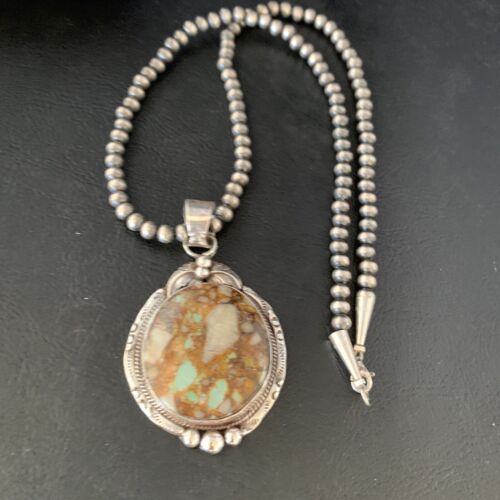 Men's Navajo Boulder Turquoise Pendant Necklace | Sterling Silver | Authentic Native American Handmade | 13658