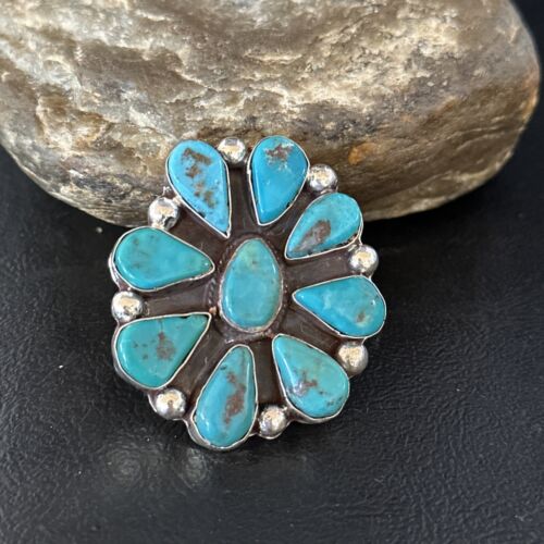 Navajo Blue Turquoise Cluster Ring | Authentic Native American Sterling Silver | Multi-Stone | Sz 7 | 14728