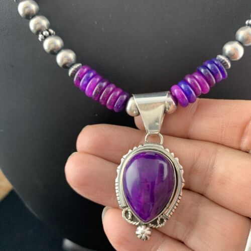 Women's Navajo Necklace with Purple Sugilite Pendant | Sterling Silver | Authentic Native American Handmade | 1628