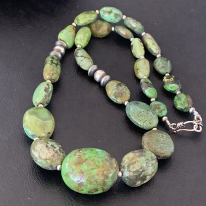 Navajo Sterling Silver Graduated Green Nugget Turquoise Necklace | Authentic Native American | 21" | 10725