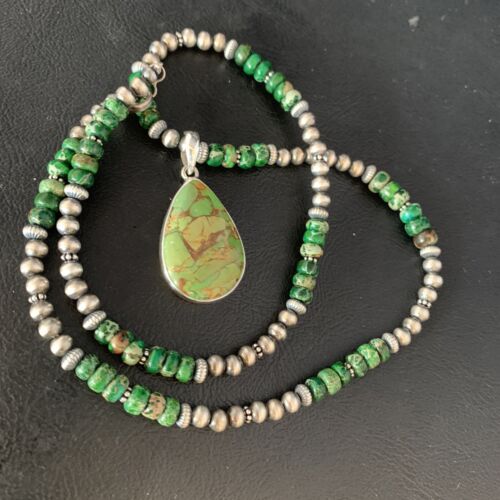 Navajo Green Mojave Turquoise Pendant Necklace | Sterling Silver | Native American Handmade | 13461