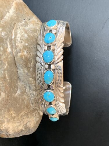 Navajo Kingman Turquoise Cuff Bracelet | Sterling Silver | 7 Stone | Authentic Native American Handmade | 12314