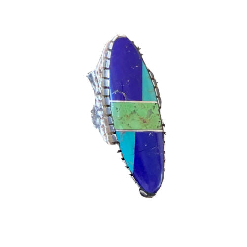 Navajo Multi-Color Lapis & Turquoise Inlay Ring | Sterling Silver | Sz 7 | Authentic Native American Handmade | 1577