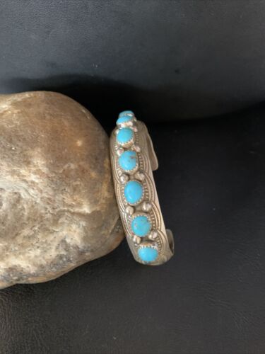 Men's Blue Kingman Turquoise Cuff Bracelet | Sterling Silver | 7 Stone | Authentic Native American Handmade | 14137