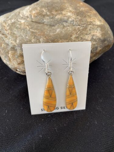 Navajo Orange Spiny Oyster Inlay Earrings | Sterling Silver | 1.5" | Authentic Native American Handmade | 976