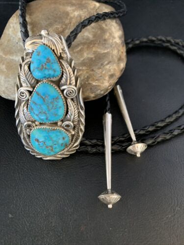 Ultra Rare Navajo Men's Bolo Tie | Blue Kingman Turquoise | Sterling Silver | Native American Handmade | 13668