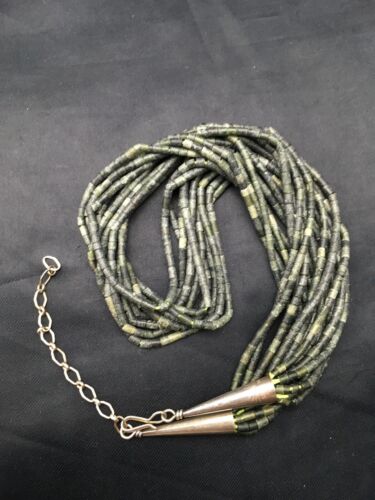 Southwestern Green Agate Heishi 10 Strand Necklace | Sterling Silver | 16" | 4351