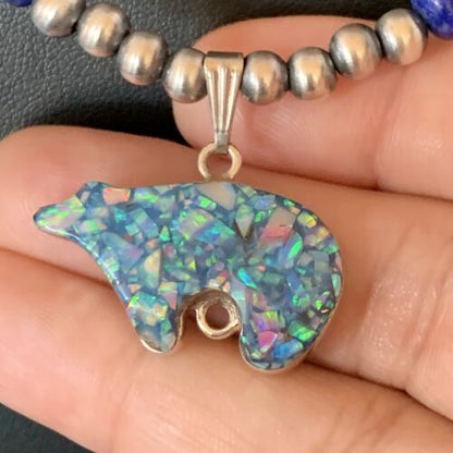Navajo Bear Pendant | Blue Lapis, Turquoise, Opal | Sterling Silver Necklace | 22" | 13362