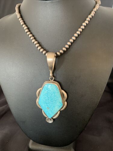 Men's Navajo Pearls Necklace with Blue Kingman Turquoise Pendant | Sterling Silver | Native American | 13255