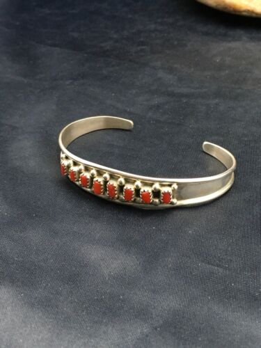 Native American Coral Petite Navajo Bracelet | Sterling Silver | Authentic Handmade | 4027