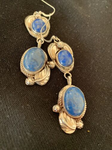 Native American Navajo Denim Lapis Dangle Earrings | Sterling Silver | 2" | 1679