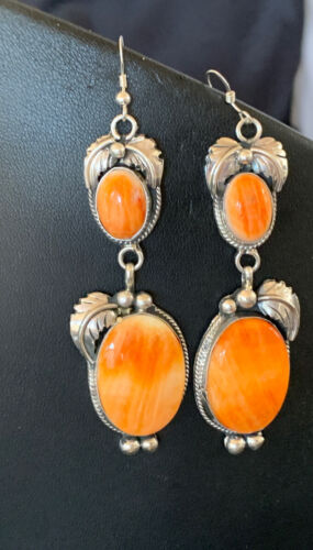 Navajo Orange Spiny Oyster Dangle Earrings | Sterling Silver | Authentic Native American Handmade | 12200 - Masha USA