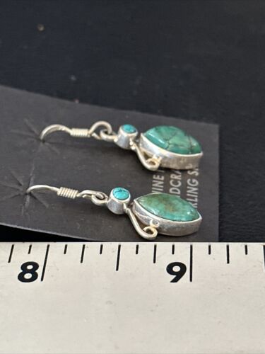 Navajo Blue Turquoise Dangle Earrings | Sterling Silver | 1" | Authentic Native American Handmade | 14773