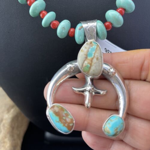Navajo Blue Ribbon Boulder Turquoise Naja Pendant Necklace | Sterling Silver | 1436