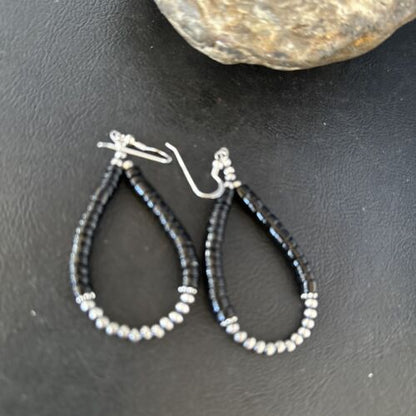 Native American Black Onyx Dangle Earrings | Sterling Silver Heishi Bead | 2" | 14427 - Masha USA