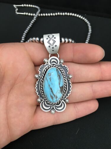 Navajo Blue Turquoise Pendant Necklace | Sterling Silver | 2.75" | Authentic Native American Handmade | 1302