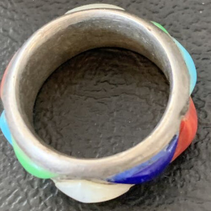 Navajo Multi-Color Turquoise Lapis Coral Mother of Pearl Inlay Ring | Sterling Silver | Sz 5.5 | 12399