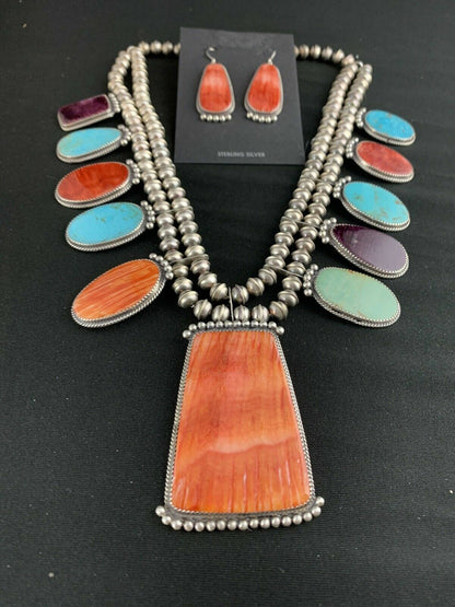 Navajo XL Spiny Oyster Squash Blossom Necklace | Sterling Silver Turquoise | Authentic Native American Handmade | 12702