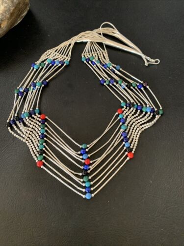 Native American Multi-Color Liquid Heishi Necklace | 10 Strand Sterling Tubes | 17" | 12623
