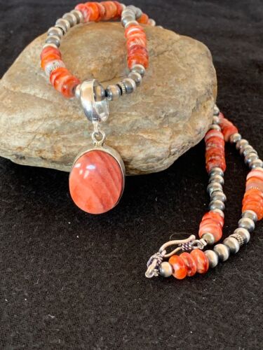Navajo Red Spiny Oyster Pendant Necklace | Sterling Silver | Authentic Native American Handmade | 8820
