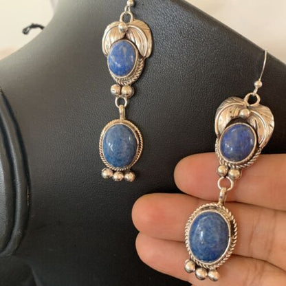 Native American Navajo Denim Lapis Dangle Earrings | Sterling Silver | 2" | 1682 - Masha USA