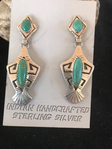 Hopi Turquoise Drop Dangle Earrings | Vintage Old Pawn Sterling Silver | Authentic Native American Handmade | 1123