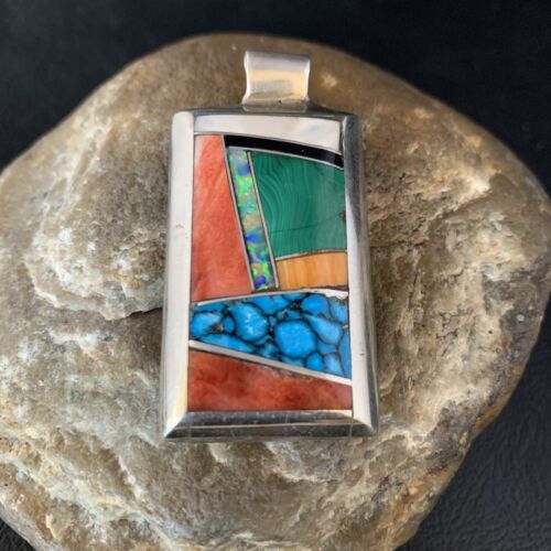 Navajo Turquoise Spiny Opal Multi-Color Inlay Pendant | Sterling Silver | Authentic Native American Handmade | 13722