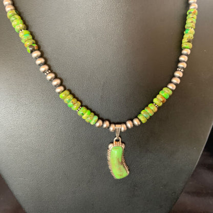 Navajo Green Gaspeite Turquoise Pendant | Sterling Silver | Authentic Native American Handmade | 13272