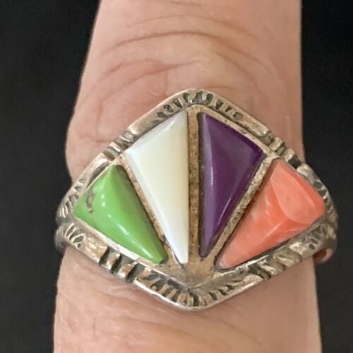 Navajo Multi-Color Gaspeite Sugilite Coral Mother of Pearl Inlay Ring | Sterling Silver | Sz 10.5 | 12397