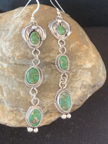Navajo Sterling Silver Dangle Earrings | Green & Sonoran Gold Turquoise | Authentic Native American Handmade | 1213