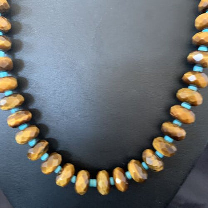 Southwestern Navajo Tigers Eye Necklace with Turquoise | Sterling Silver | 19" | 1496