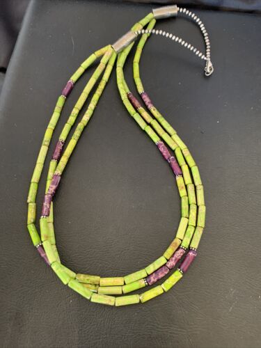 Navajo Green Purple Jasper 3-Strand Bead Necklace | Sterling Silver | 24" | Authentic Native American Handmade | 12511
