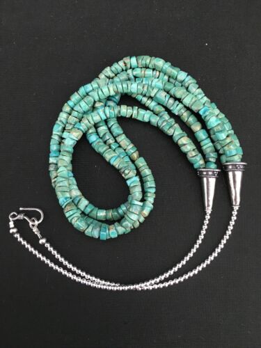 Native American Sterling Silver 3-Strand Turquoise Heishi Necklace | 27" | 6mm Beads | 1138 - Masha USA
