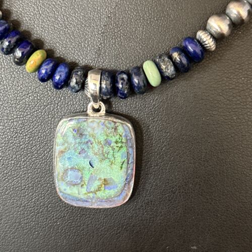 Navajo Green Turquoise Lapis Necklace with Opal Pendant | Sterling Silver | Native American Handmade | 14369
