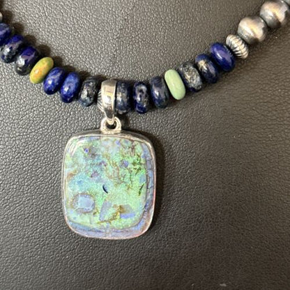 Navajo Green Turquoise Lapis Necklace with Opal Pendant | Sterling Silver | Native American Handmade | 14369