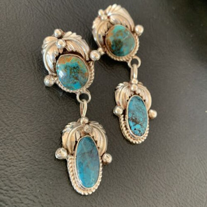 Handmade Navajo Spiderweb Turquoise Dangle Earrings | Sterling Silver | Authentic Native American | 1481