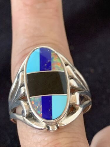 Navajo Turquoise, Lapis & Opal Inlay Ring | Sterling Silver | Sz 11.5 | Authentic Native American | 1487