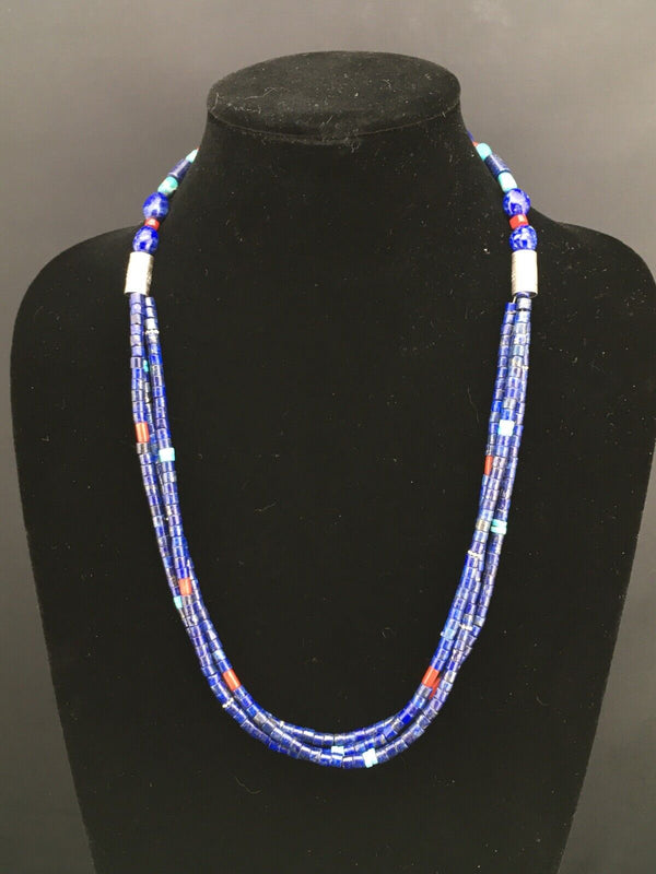 Southwestern Navajo Lapis Turquoise Necklace | 3-Strand | Sterling Silver | 24" | 1332