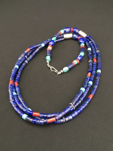 Southwestern Navajo Lapis Turquoise Necklace | 3-Strand | Sterling Silver | 24" | 1361