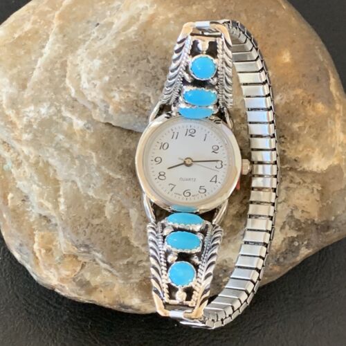 Navajo Sterling Silver Watch Tips | Blue Kingman Turquoise Band | Authentic Native American Jewelry | 11640