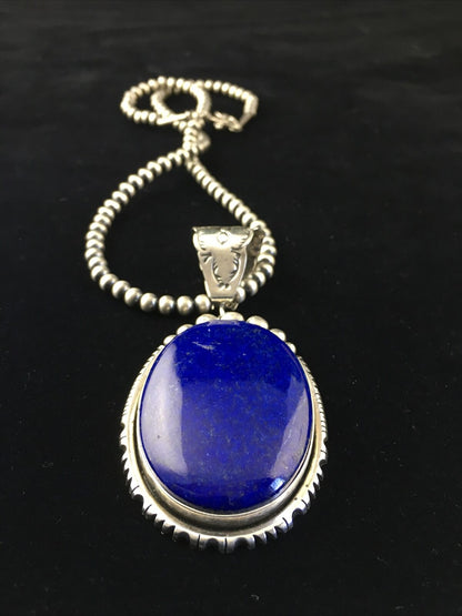 Men's XL Navajo Pearls Necklace Pendant | Sterling Silver Blue Lapis | Authentic Native American Handmade | 10116
