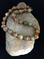 Navajo Green Turquoise & Orange Spiny Oyster Necklace | Sterling Silver | 17" | Authentic Native American Handmade | 1742