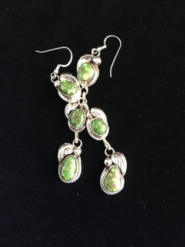 Navajo Green Sonoran Gold Turquoise 3" Dangle Earrings | Sterling Silver | Authentic Native American Handmade | 1732