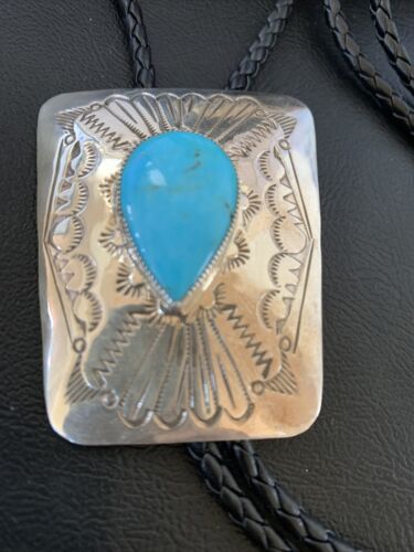 Men's Bolo Tie | Navajo Blue Kingman Turquoise | Sterling Silver | Authentic Native American Handmade | 12146